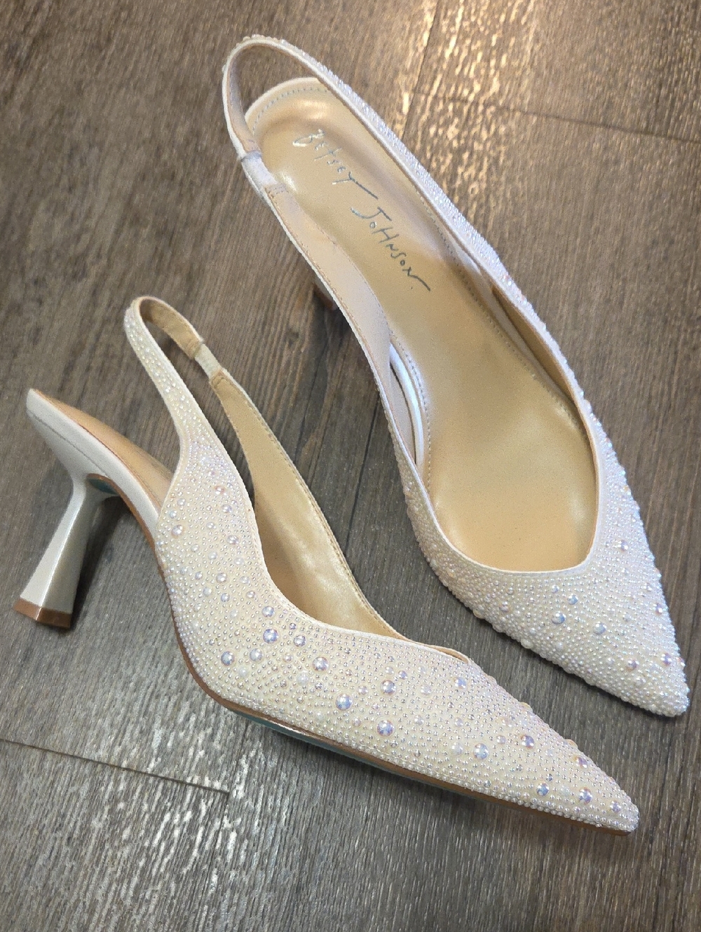 Betsey Johnson • "Clark" Ivory Pearl-Embellished Pointed Slingback Heels
